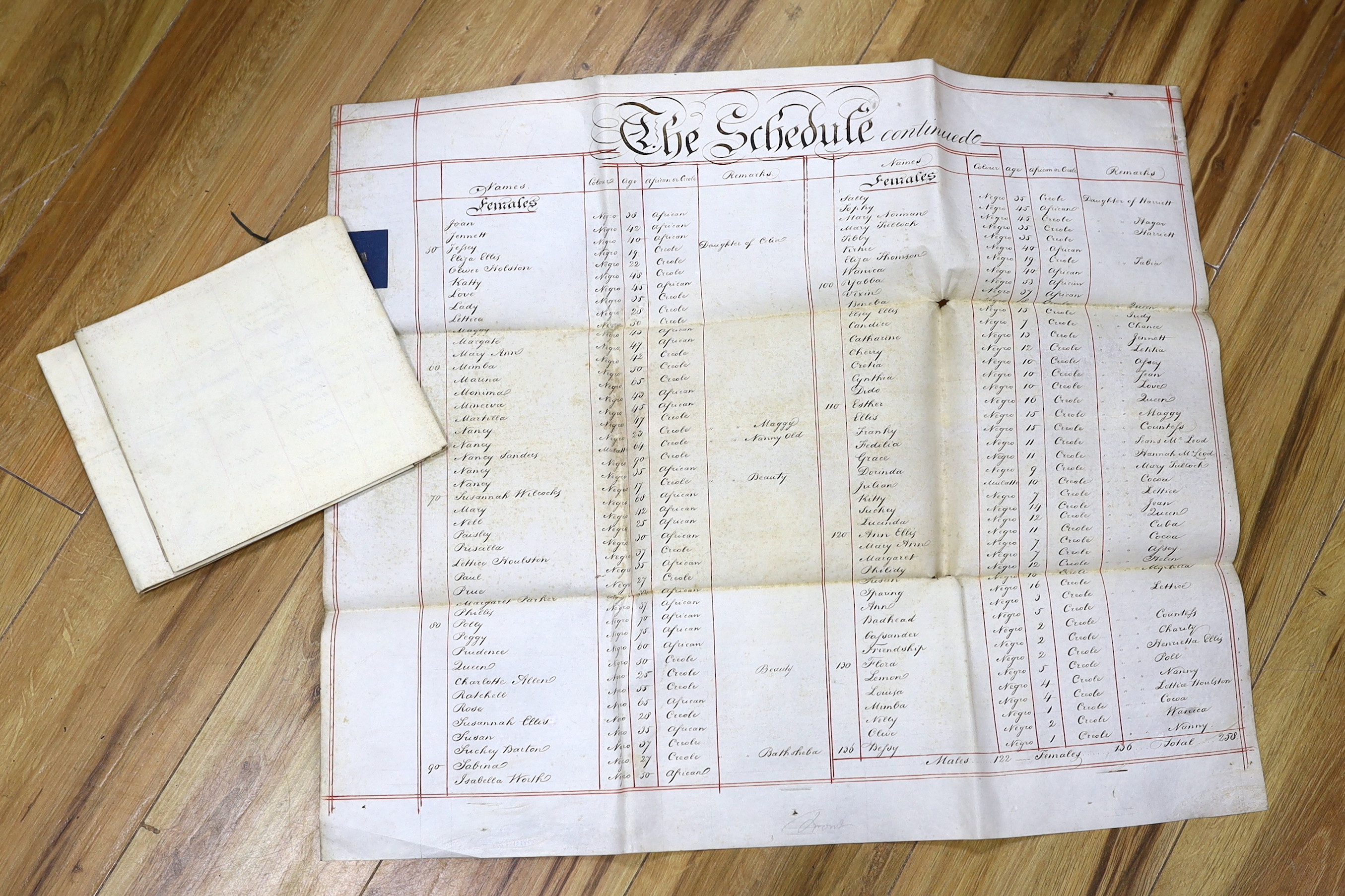 Two parchment membranes forming parts of schedules listing enslaved men, women and children, detached from a mortgage of the Green Castle Estate in the parish of St Mary, Jamaica, 8 April 1823